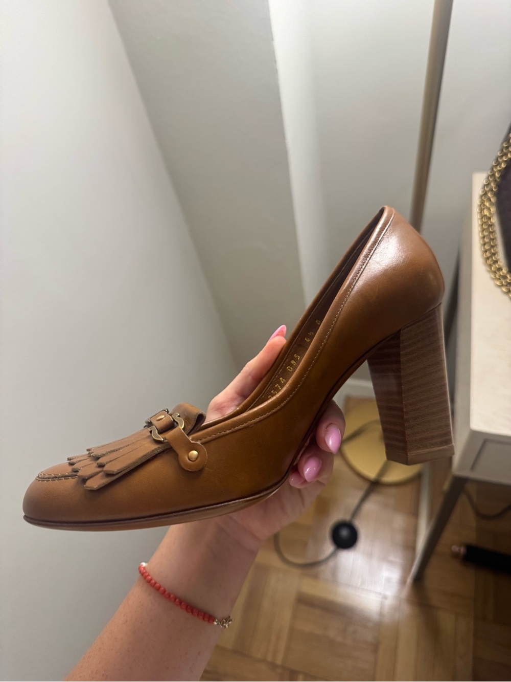 Salvatore Ferragamo Tan Leather Fringe Bit Block Heel Pump